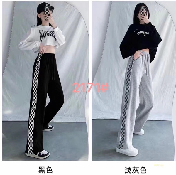 新氧棉面料拼接边条休闲时尚修身百搭阔腿裤