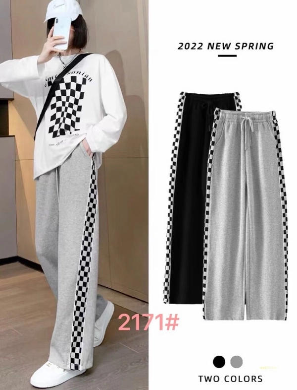 新氧棉面料拼接边条休闲时尚修身百搭阔腿裤