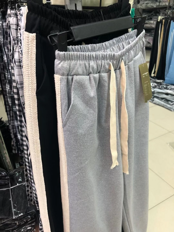 春季新氧棉中厚料拼接蕾丝花边休闲修身显瘦百搭阔腿裤