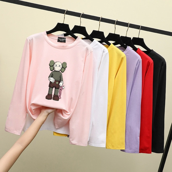 圆领长袖T恤宽松印花休闲女装便宜上衣地摊批发