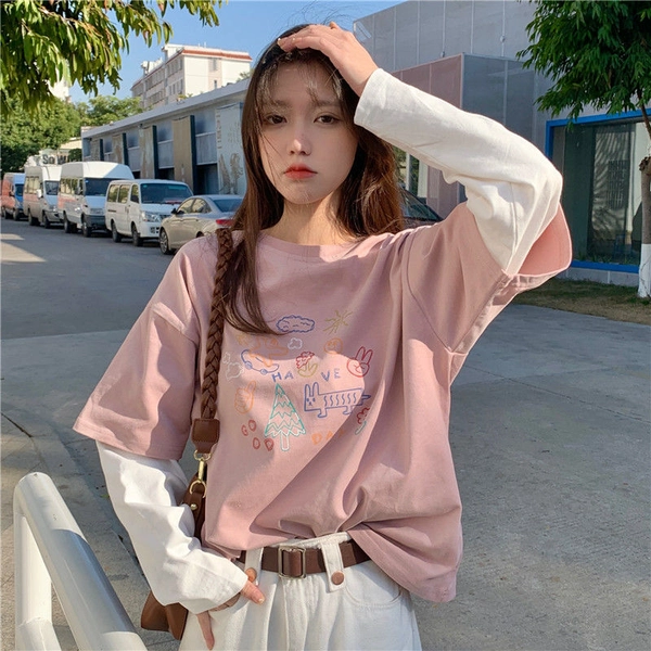 秋季新款男女风款BF印花假两件卫衣韩版宽松上衣外贸地摊货源