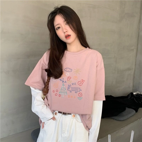 秋季新款男女风款BF印花假两件卫衣韩版宽松上衣外贸地摊货源