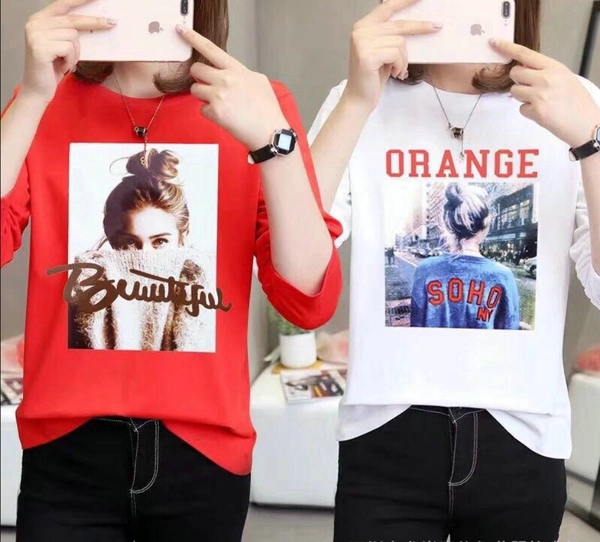 圆领长袖T恤宽松印花休闲女装便宜上衣地摊批发