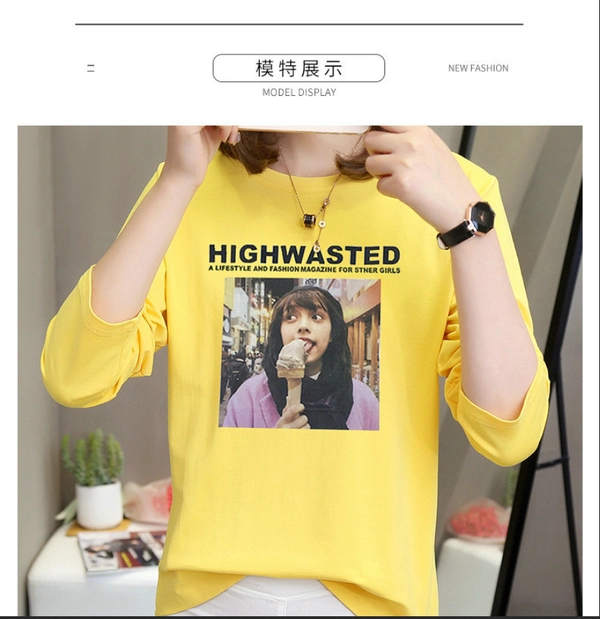 圆领长袖T恤宽松印花休闲女装便宜上衣地摊批发