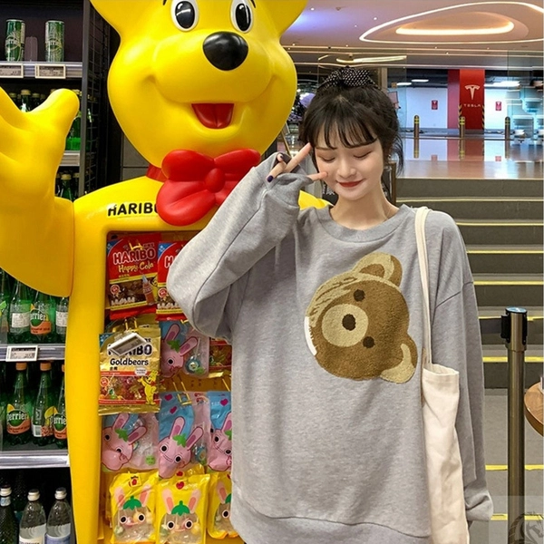 秋季新款韩版宽松大码女式圆领卫衣毛巾绣植绒大版卫衣