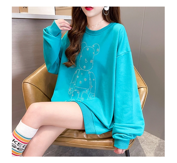 圆领卫衣女新款薄款宽松烫钻刺绣卫衣 不规则开叉地摊货源