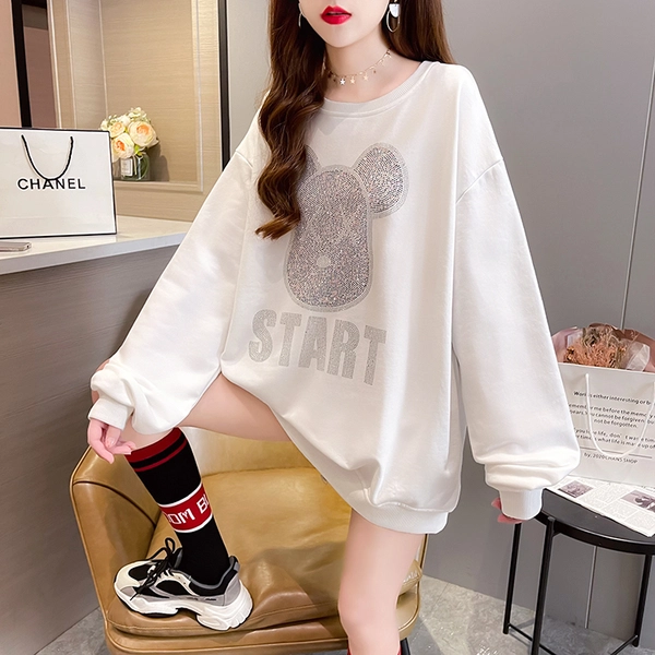 圆领卫衣女新款薄款宽松烫钻刺绣卫衣 不规则开叉地摊货源