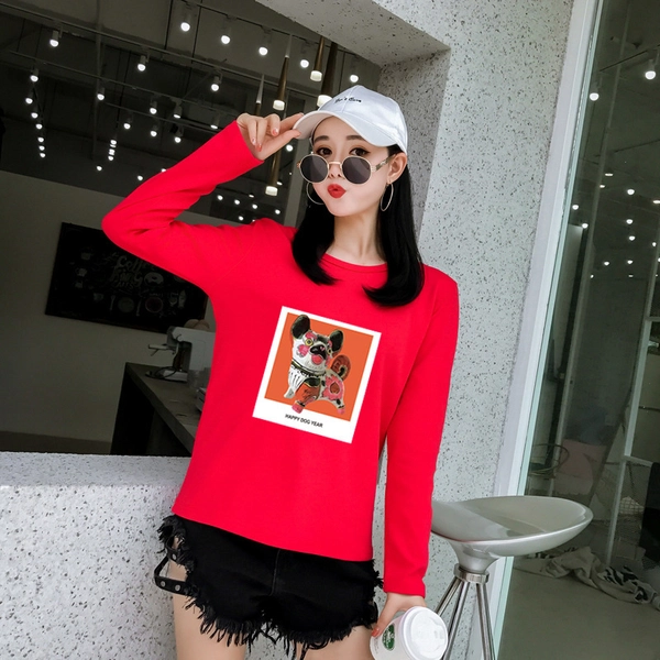 圆领长袖T恤宽松印花休闲女装便宜上衣地摊批发