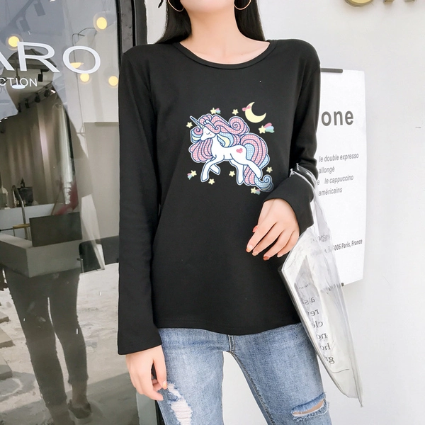 圆领长袖T恤宽松印花休闲女装便宜上衣地摊批发