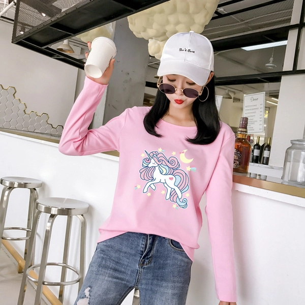 圆领长袖T恤宽松印花休闲女装便宜上衣地摊批发