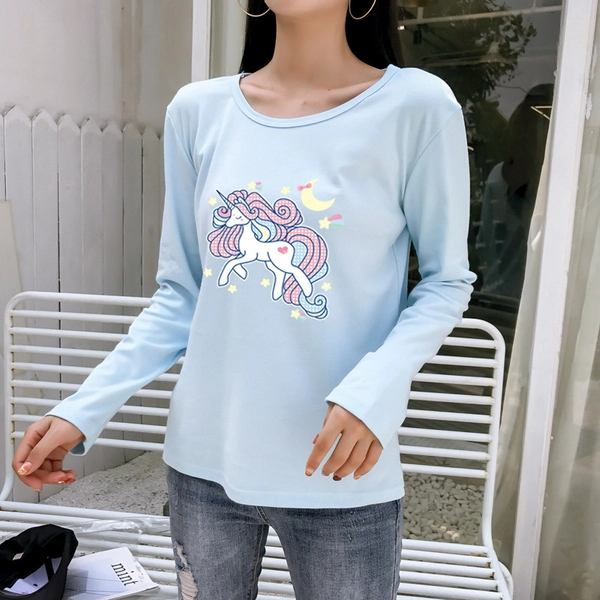 圆领长袖T恤宽松印花休闲女装便宜上衣地摊批发