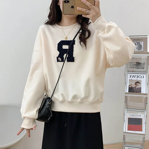 秋季新款韩版宽松大码女式圆领卫衣毛巾绣植绒大版卫衣