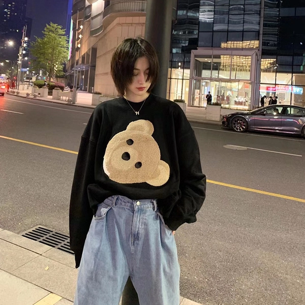 秋季新款韩版宽松大码女式圆领卫衣毛巾绣植绒大版卫衣
