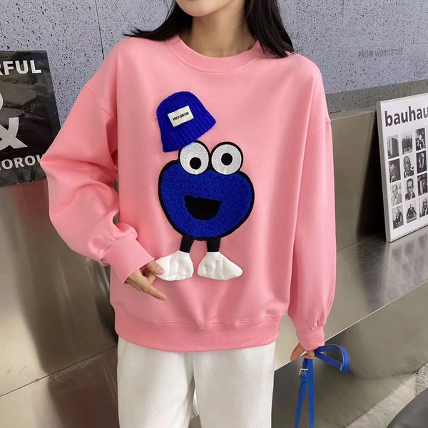 秋季新款韩版宽松大码女式圆领卫衣毛巾绣植绒大版卫衣