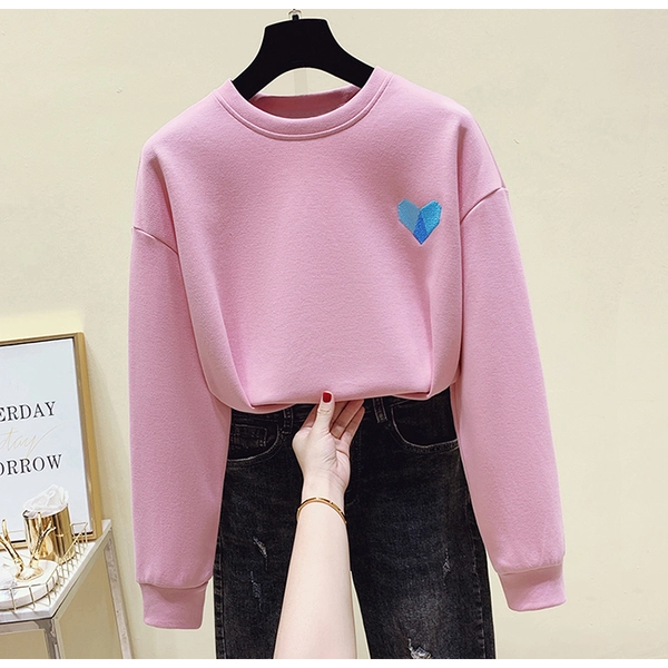 圆领卫衣女新款薄款宽松烫钻刺绣卫衣 不规则开叉地摊货源