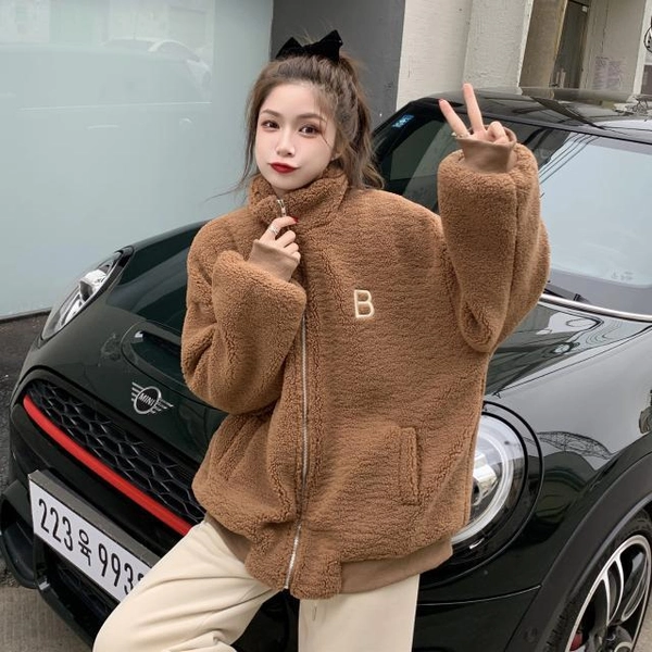 加绒外套女秋冬休闲减龄一体绒加厚立领颗粒绒保暖外套