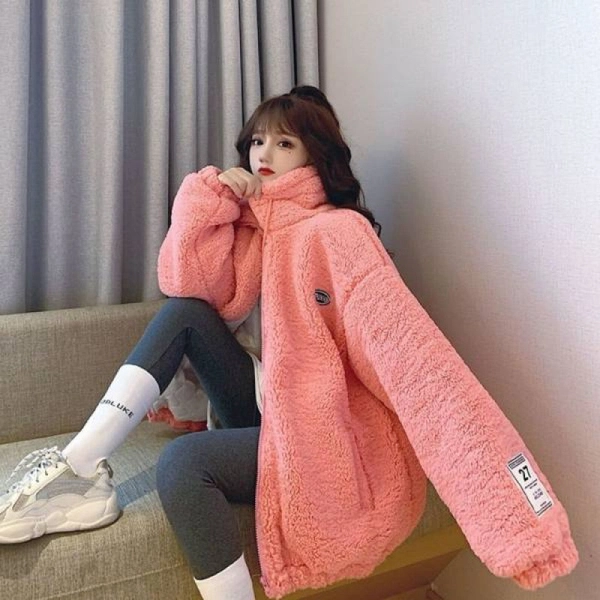加绒外套女秋冬休闲减龄一体绒加厚立领颗粒绒保暖外套