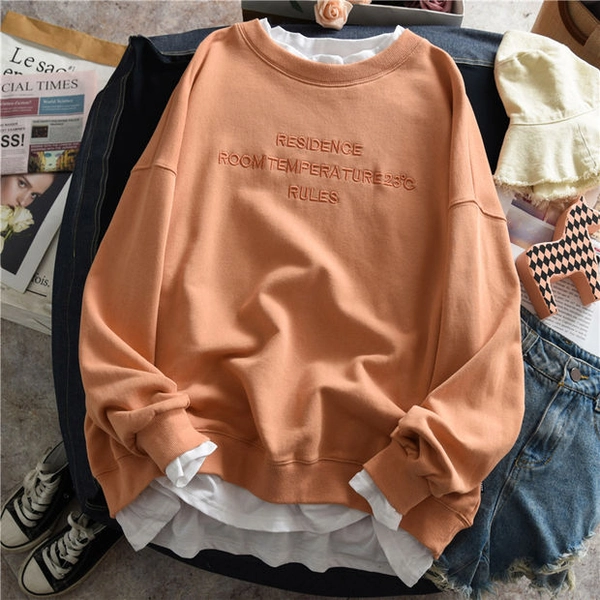 圆领卫衣女新款薄款宽松烫钻刺绣卫衣 不规则开叉地摊货源