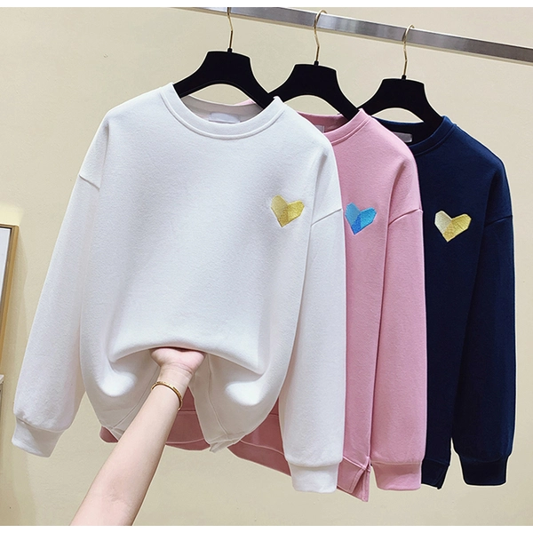 圆领卫衣女新款薄款宽松烫钻刺绣卫衣 不规则开叉地摊货源