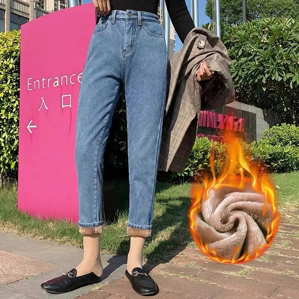 秋冬新款加绒女装牛仔裤显瘦百搭垂感小脚拖地裤子