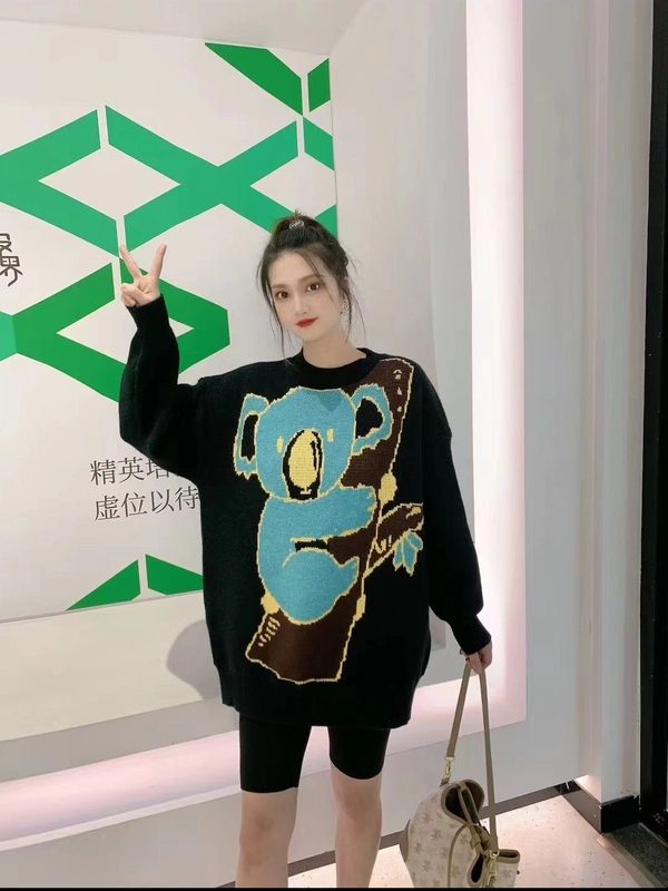 卡通提花套头毛衣圆领短款宽松百搭提花毛衣