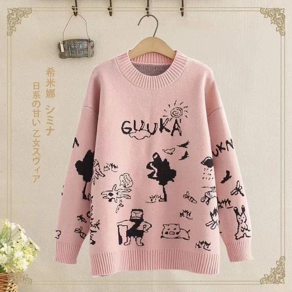 卡通提花套头毛衣圆领短款宽松百搭提花毛衣