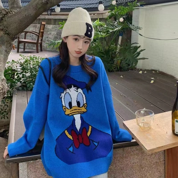 卡通提花套头毛衣圆领短款宽松百搭提花毛衣