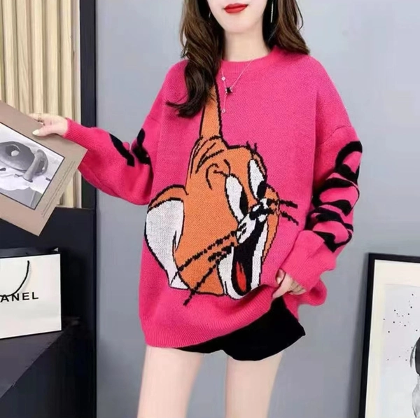 卡通提花套头毛衣圆领短款宽松百搭提花毛衣