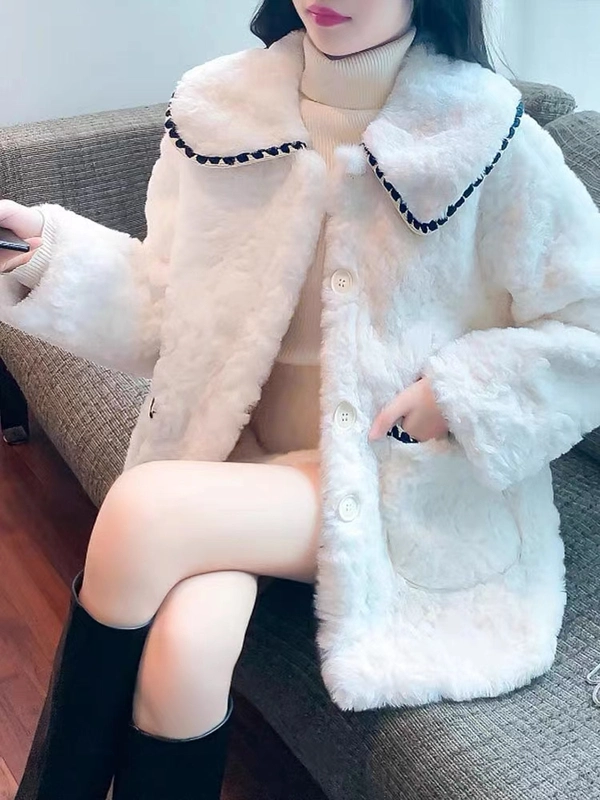 皮毛一体外套时尚秋冬仿羊羔毛翻领小香风外套