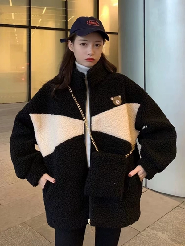 皮毛一体外套时尚秋冬仿羊羔毛翻领小香风外套