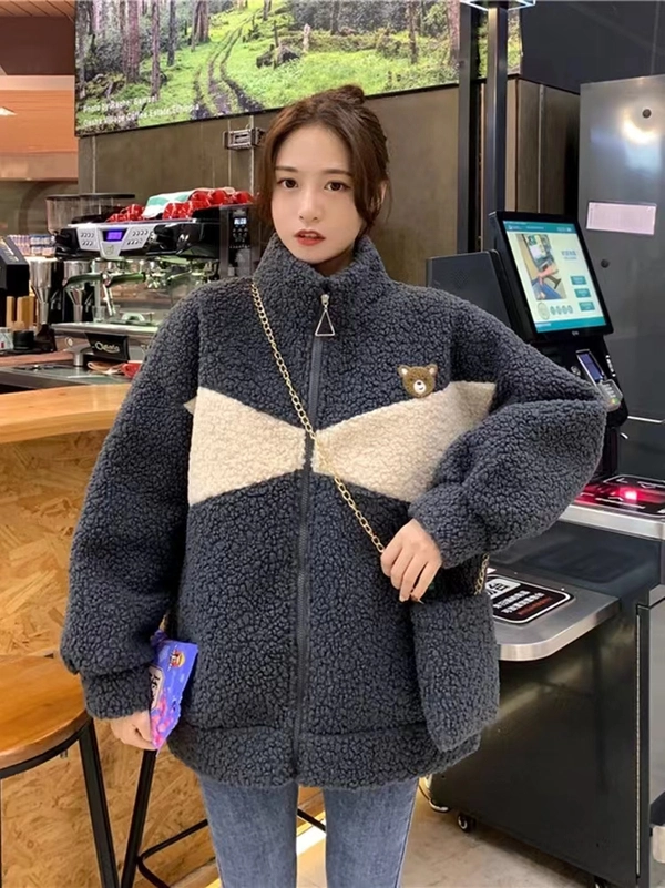 皮毛一体外套时尚秋冬仿羊羔毛翻领小香风外套