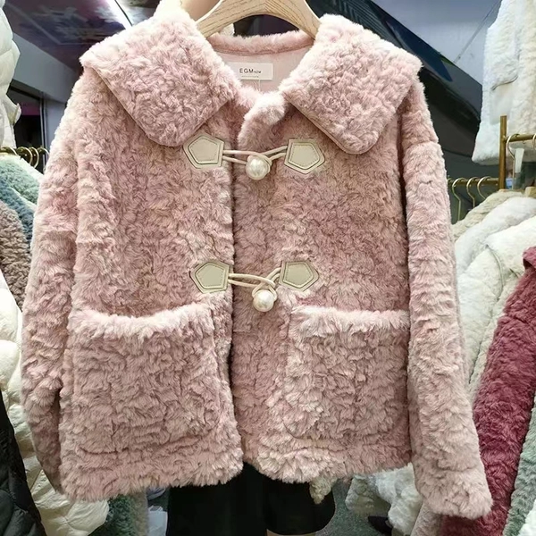 皮毛一体外套时尚秋冬仿羊羔毛翻领小香风外套