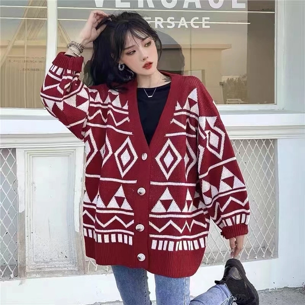 卡通提花绵羊绒毛衣外套宽松针织开衫外套