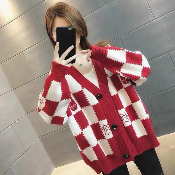 卡通提花绵羊绒毛衣外套宽松针织开衫外套