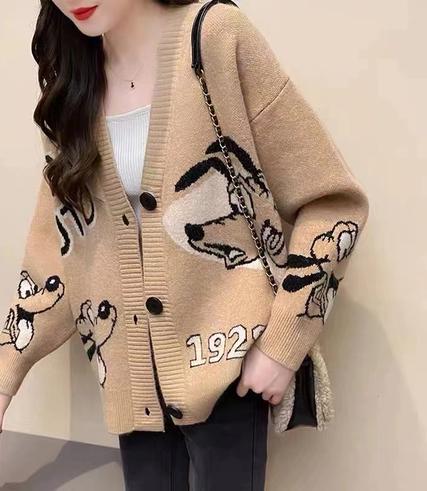 卡通提花绵羊绒毛衣外套宽松针织开衫外套