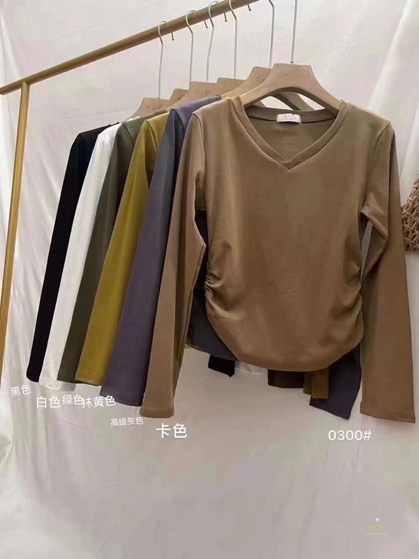 弹力精棉细螺纹厚料秋冬V领侧边褶皱修身显瘦打底衫