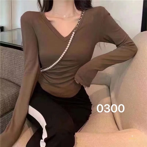 弹力精棉细螺纹厚料秋冬V领侧边褶皱修身显瘦打底衫