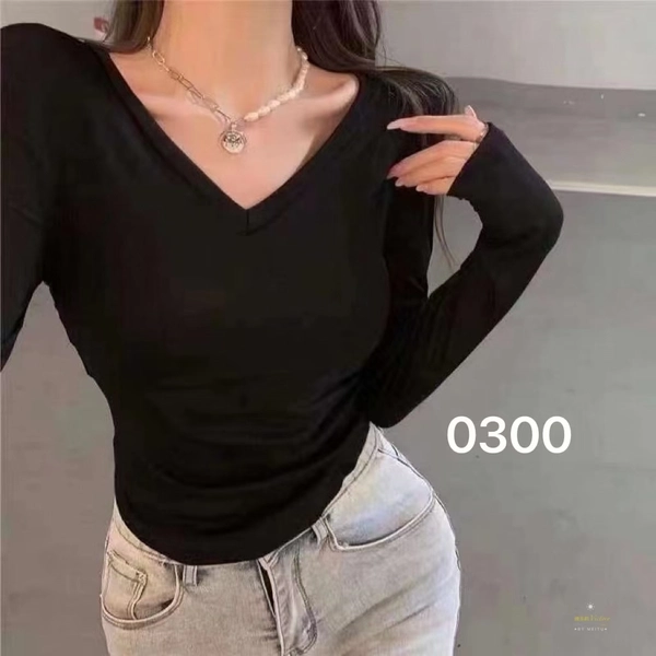 弹力精棉细螺纹厚料秋冬V领侧边褶皱修身显瘦打底衫