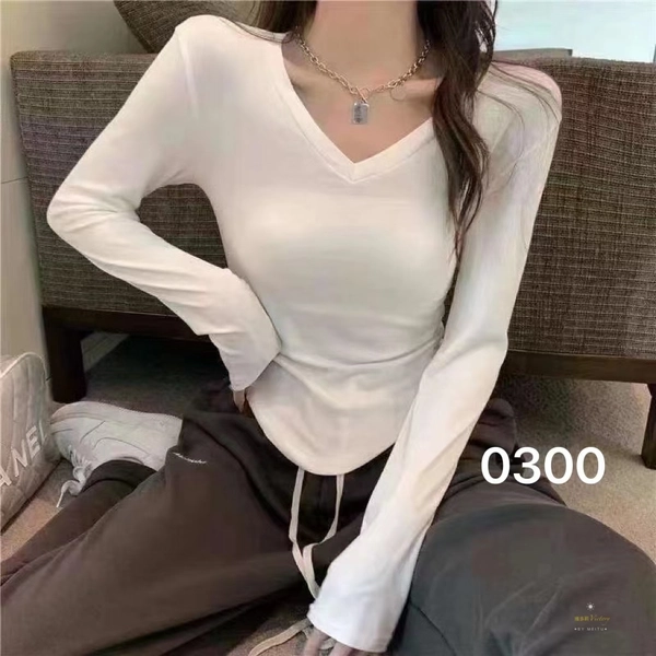 弹力精棉细螺纹厚料秋冬V领侧边褶皱修身显瘦打底衫