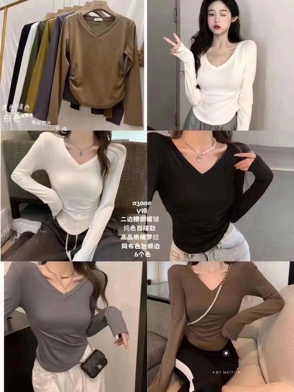 弹力精棉细螺纹厚料秋冬V领侧边褶皱修身显瘦打底衫