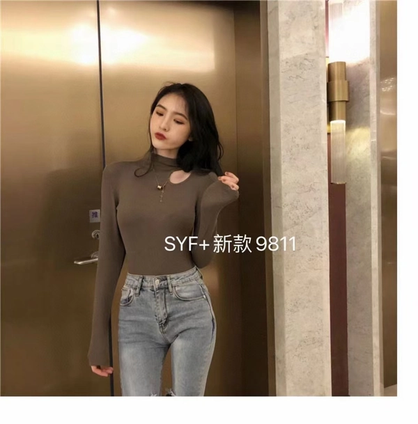 高弹莫代尔螺纹抓毛厚料半高领蕾丝打底女生内搭修身针织衫