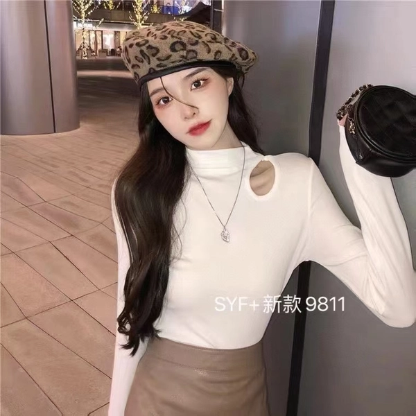 高弹莫代尔螺纹抓毛厚料半高领蕾丝打底女生内搭修身针织衫