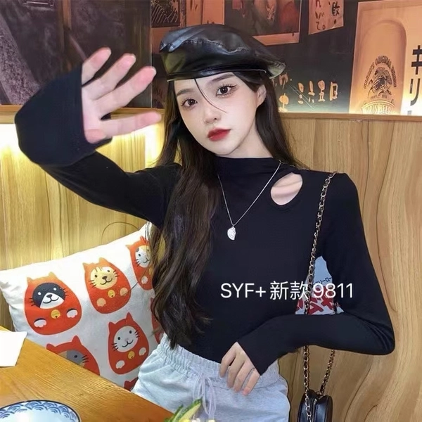 高弹莫代尔螺纹抓毛厚料半高领蕾丝打底女生内搭修身针织衫