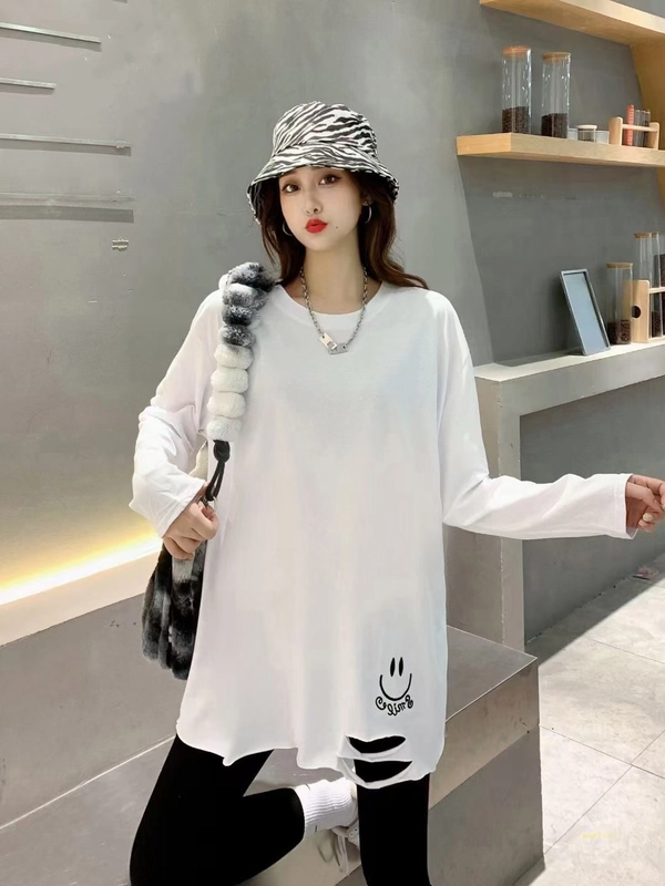 纯棉磨毛厚料秋冬新款宽松大版型中长款洋气百搭打底衫