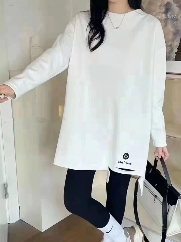 纯棉磨毛厚料秋冬新款宽松大版型中长款洋气百搭打底衫