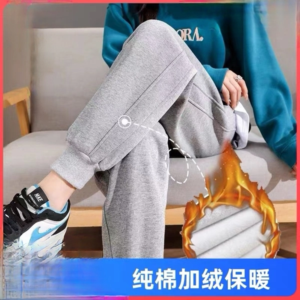 加绒加厚奥利绒纯棉卫裤 运动春秋新款宽松束脚加绒卫裤休闲针织裤子