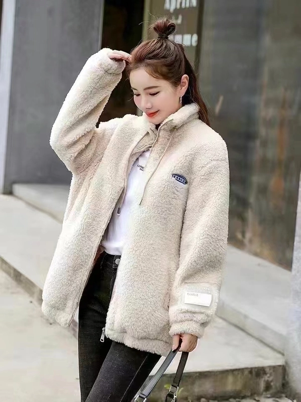 女装加绒加厚颗粒绒外套棉袄大码上衣冬装新款保暖开衫外套