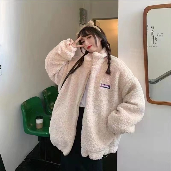 女装加绒加厚颗粒绒外套棉袄大码上衣冬装新款保暖开衫外套