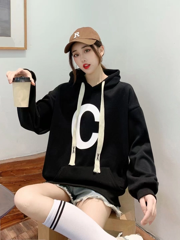 复合牛奶丝卫衣厚面料秋冬季连帽宽松大版慵懒风ins中长款上衣 女春秋薄款圆领春装女新款大码女款上衣