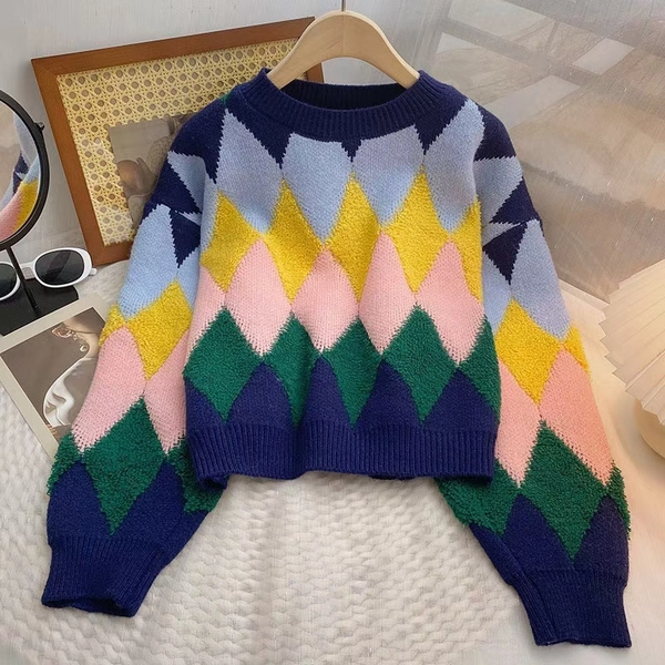 绵羊绒面料毛衣菱格撞色减龄时尚宽松百搭短款上衣